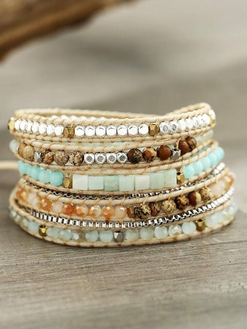 Handmade Multi-Row Beaded Wrap Bracelet - Cream, Aqua & Tan